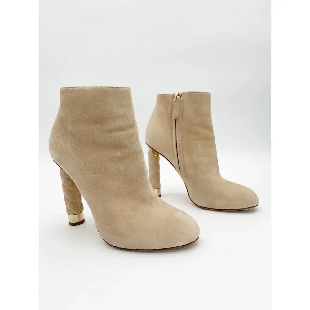Chanel Coco Tower Beige Suede Quilted Logo Heel Round Toe Ankle Boots EU 37